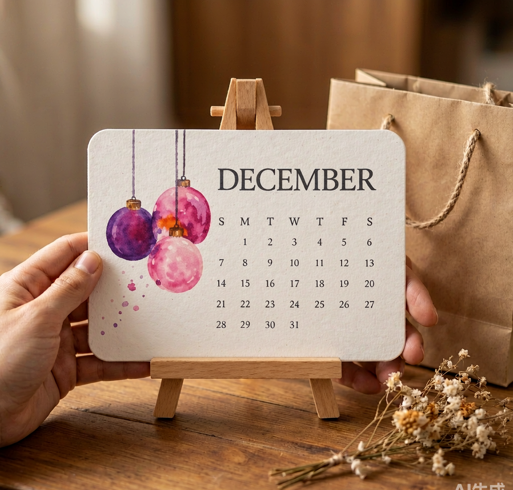 Hands presenting the calendar on a wooden easel as a gift