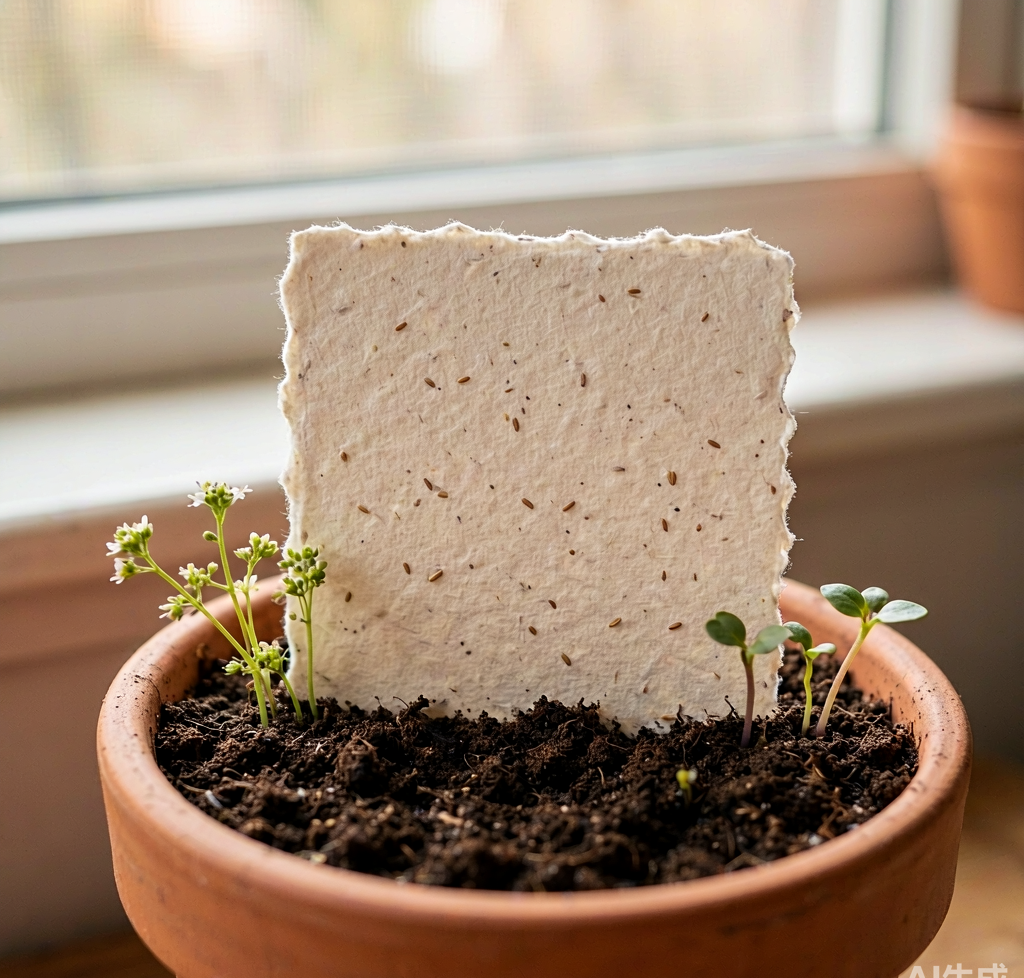 Seed paper planted in soil with wildflower sprouts growing